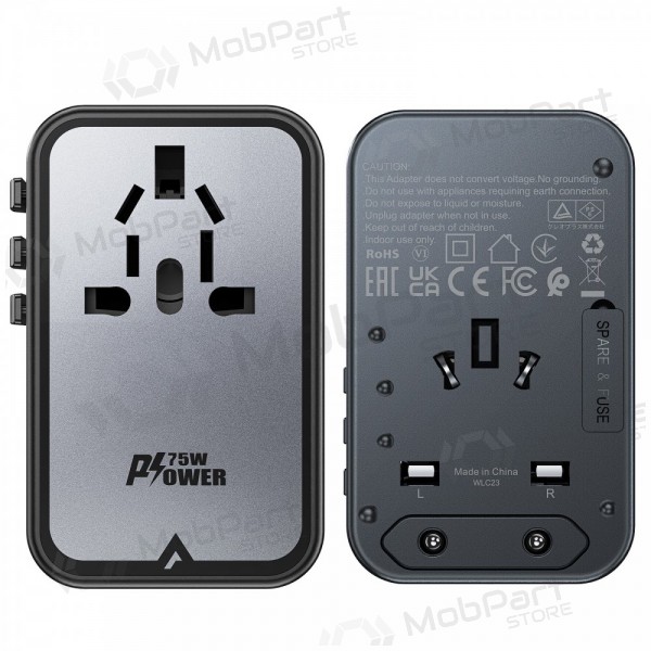 Universal kelioninis charger Acefast Z1 75W GaN 2xUSB-A/3xUSB-C black