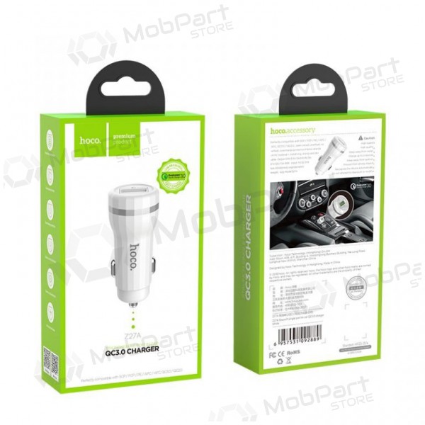 Car charger HOCO Z27A QC3.0 USB 18W (3.6V-6.5V / 3A, 6.6-9V / 2A, 9.1V-12V / 1.5A) (white)