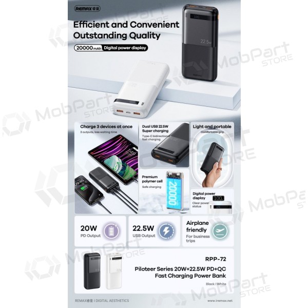 Portable charger / power bank Power Bank Remax RPP-72 22.5W 20000mAh black