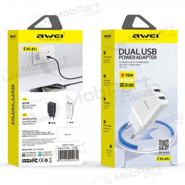 Charger Awei C15T-EU 2xUSB-A 10W + USB to USB-C cable white