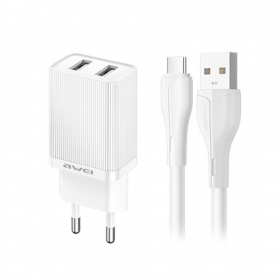 Charger Awei C15T-EU 2xUSB-A 10W + USB to USB-C cable white