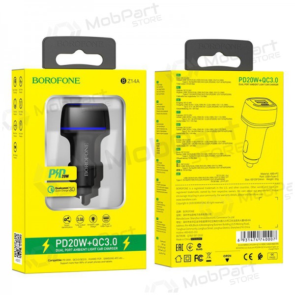 Charger automobilinis Borofone BZ14A PD20W+QC3.0 x 2 USB (Type-C to Lightning) (black)