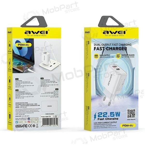 Charger Awei PD81-EU USB-A/USB-C white