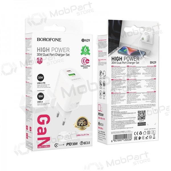 Charger Borofone BN29 30W USB-C/USB-A + USB-C to Lightning cable 1.0m white