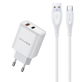 Charger Awei PD81T-EU USB-A/USB-C + USB to USB-C cable white