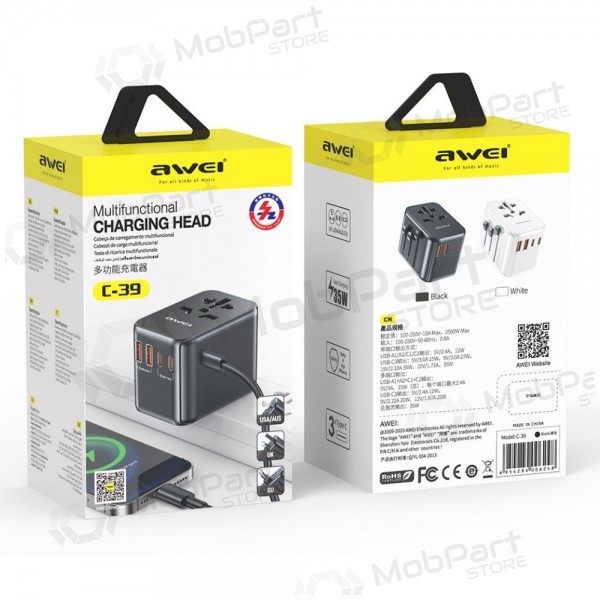 Universal kelioninis charger Awei C-39 GaN 35W 2xUSB-A/3xUSB-C black