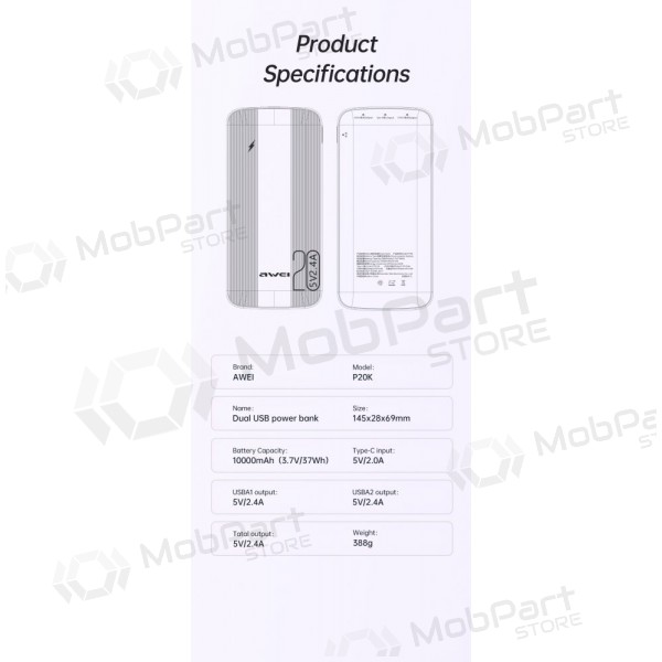 Portable charger / power bank Power Bank Awei P19K 5V/2.4A 20000mAh black