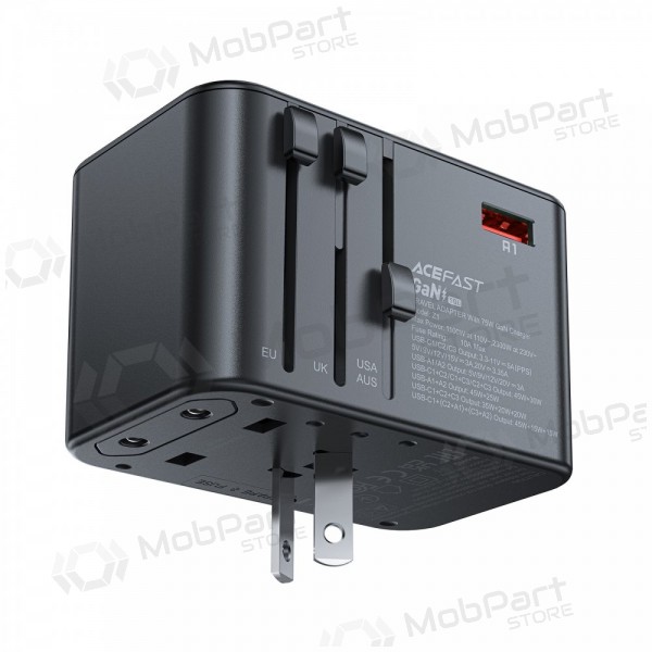 Universal kelioninis charger Acefast Z1 75W GaN 2xUSB-A/3xUSB-C black