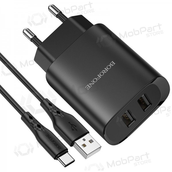 Charger Borofone BN2 2xUSB 2.1A + USB Type-C (black)