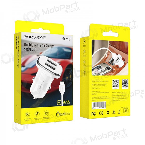 Charger automobilinis Borofone BZ12 USB + microUSB (2.4A) (white)