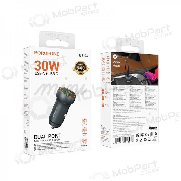 Car charger Borofone BZ32A USB-C/USB-A 30W grey