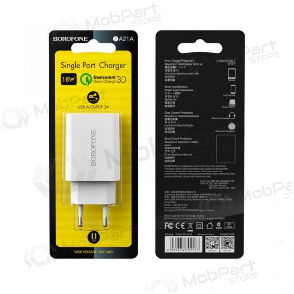 Charger BOROFONE BA21A Long journey QC3.0 USB 18W (3.6V-6.5V/3A, 6.6V-9V/2A, 9.1V-12V/1.5A) (white)