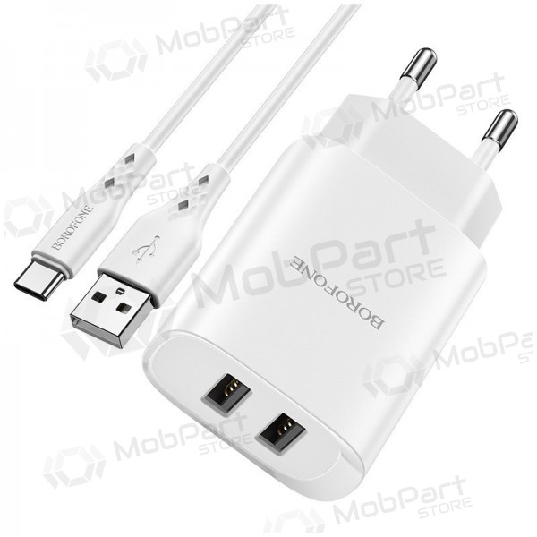 Charger Borofone BN2 2xUSB 2.1A + USB Type-C (white)