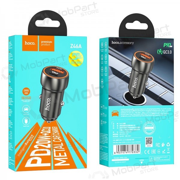 Charger automobilinis Hoco Z46A USB-A/Type-C PD20W+QC3.0 grey