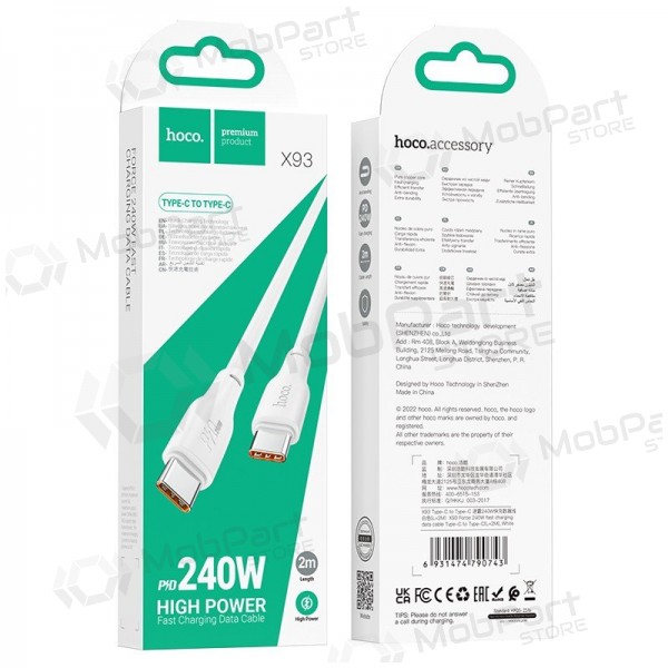USB cable Hoco X93 60W USB-C to USB-C 2.0m white
