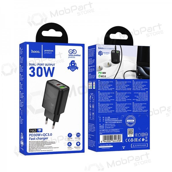 Phone charger Hoco N63 30 W GaN USB-C + USB-A black