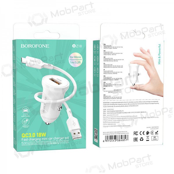 Charger automobilinis Borofone BZ18 Quick Charge 3.0 18W + MicroUSB (white)