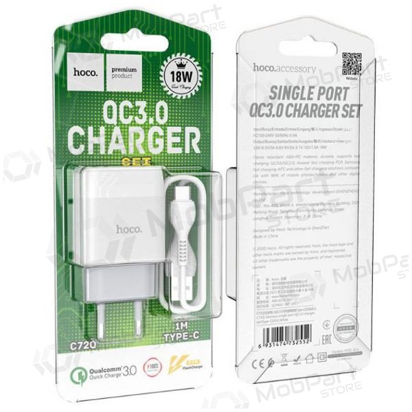 Charger HOCO C72Q Glorious + type-C cable (QC3.0) (white)