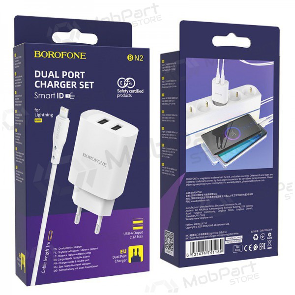 Charger Borofone BN2 2xUSB 2.1A + Lightning (white)