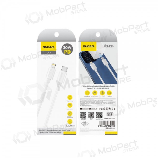 Lightning cable Dudao L4X USB-C to Lightning 1.2 m 30 W white