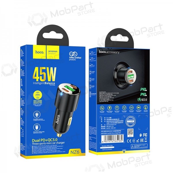 Car phone charger Hoco NZ6 45 W PD 2x USB-C + USB-A black