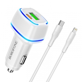Charger automobilinis Borofone BZ14A PD20W+QC3.0 su 2 USB jungtimis (Type-C to Lightning) white