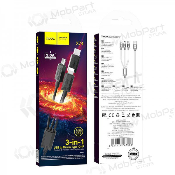 USB cable Hoco X74 3in1 microUSB-Lightning-Type-C 1.0m (black)