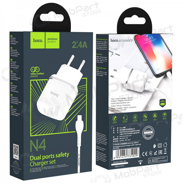 Charger Hoco N4 X 2 USB  jungtimis + Lightning (2.4A) (white)