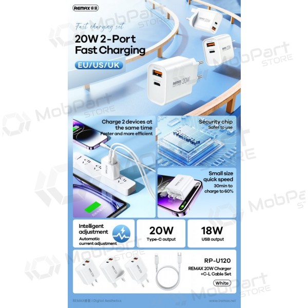 Phone charger Remax RP-U120 20 W USB-C + USB-A with Lightning cable 1 m white