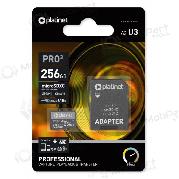 Memory card Platinet MicroSD 256GB (class10 UHS-III 90MB/S) + SD Adapter