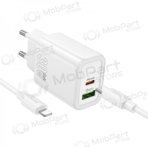 Phone charger Hoco N63 30 W GaN USB-C + USB-A with Lightning cable 1 m white