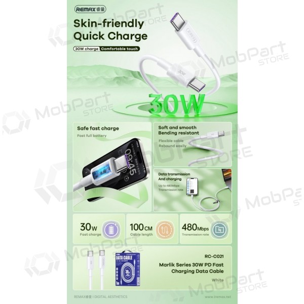 USB cable Remax RC-C021 USB-C to USB-C 30W 2.0m white