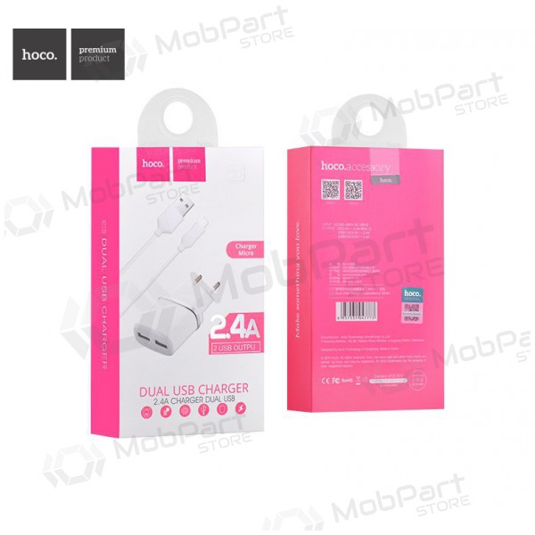 Charger HOCO C12 Smart Dual USB + Lightning cable (5V 2.4A) (white)