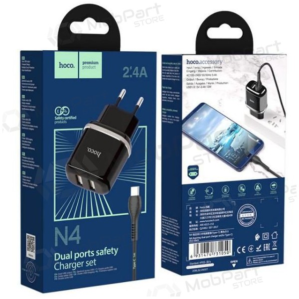 Charger HOCO N4 Aspiring Dual USB + type-C cable (5V 2.4A) (black)