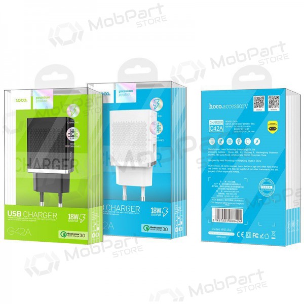 Charger HOCO C42A Vast power QC3.0 USB 18W (3.6V-6.5V/3A, 6.6V-9V/2A, 9.1V-12V/1.5A) (black)
