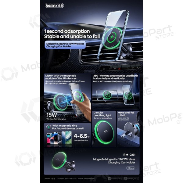 Automobilinis laikiklis-charger Remax RM-C01 MagSafe 15W black
