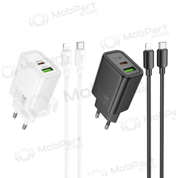 Phone charger Hoco N63 30 W GaN USB-C + USB-A with Lightning cable 1 m white