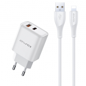 Phone charger Awei PD81L-EU 22.5 W USB-C + USB-A with Lightning cable 1 m white