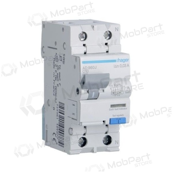 Residual current circuit breaker with overcurrent protection Hager AD960J (2P, 10A, type A, 30mA, 230V)