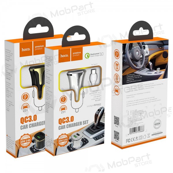 Charger automobilinis Hoco Z31 Quick Charge 3.0 (3.4A) x 2 USB + Type-C (white)