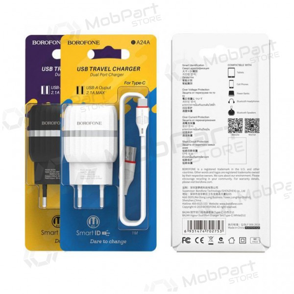 Charger BOROFONE BA24A Vigour Dual USB + Type-C cable (5V 2.4A) (black)
