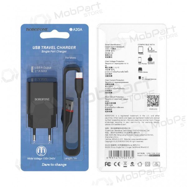Charger BOROFONE BA20A Sharp USB + microUSB cable (5V 2.1A) (black)