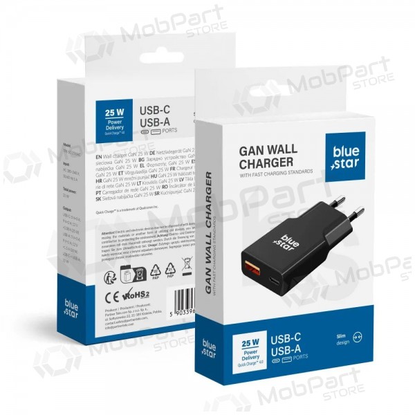 Phone charger Blue Star Slim 25 W GaN USB-C + USB-A black