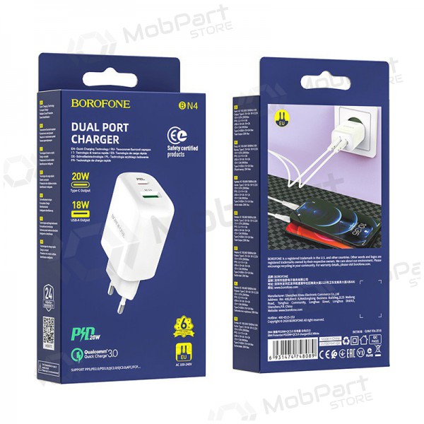 Charger Borofone BN4 1xUSB, 1xType-C QC 3.0, PD 2.0 20W (white)