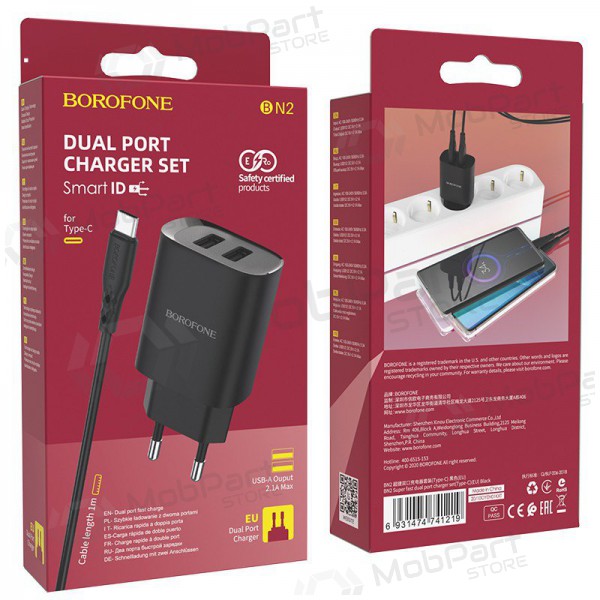 Charger Borofone BN2 2xUSB 2.1A + USB Type-C (black)