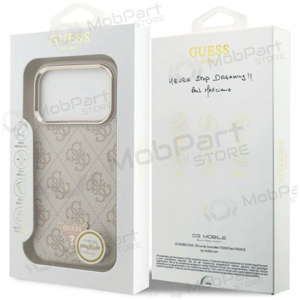 Apple iPhone 17 Pro Max case - Guess PU Leather 4G Strass Triangle Logo Gold Frame MagSafe (pink)