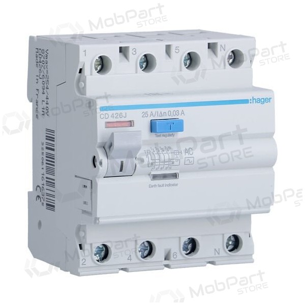 Current drain relay Hager CD426J (AC, 25A, 4P, 30mA, 230V)