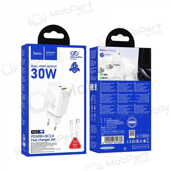 Phone charger Hoco N63 30 W GaN USB-C + USB-A with Lightning cable 1 m white