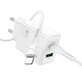 Phone charger Hoco N71 30 W GaN USB-C + USB-A with Lightning cable 1 m white