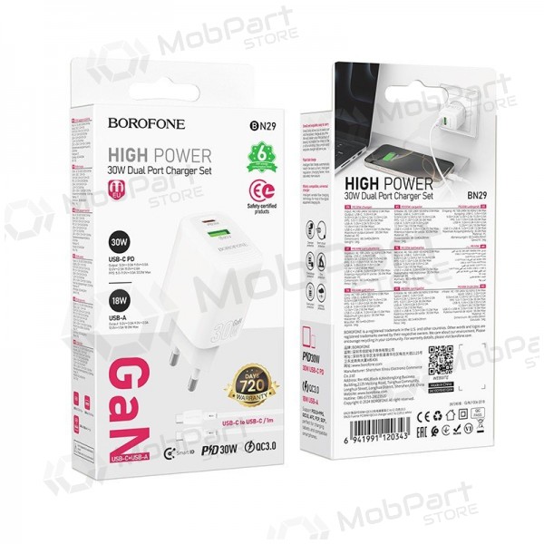 Borofone BN29 30 W USB-C + USB-A phone charger with USB-C cable 1 m white